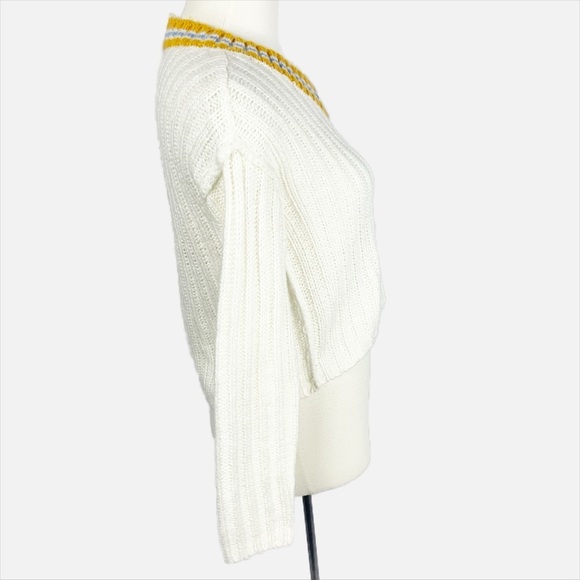 ✨ Filocaly White Knit Cropped Sweater w/ Mustard & Blue Stripe V-Neck (S) ✨ - Picture 2 of 7